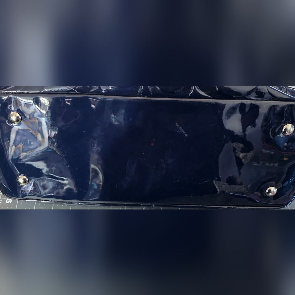 Coach Patent Leather Signature Tote – Navy Blue with Tan Trim, Leather Handles - Picture 11 of 11